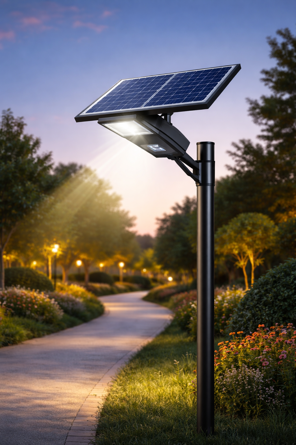 Solar street light illuminating a street at night